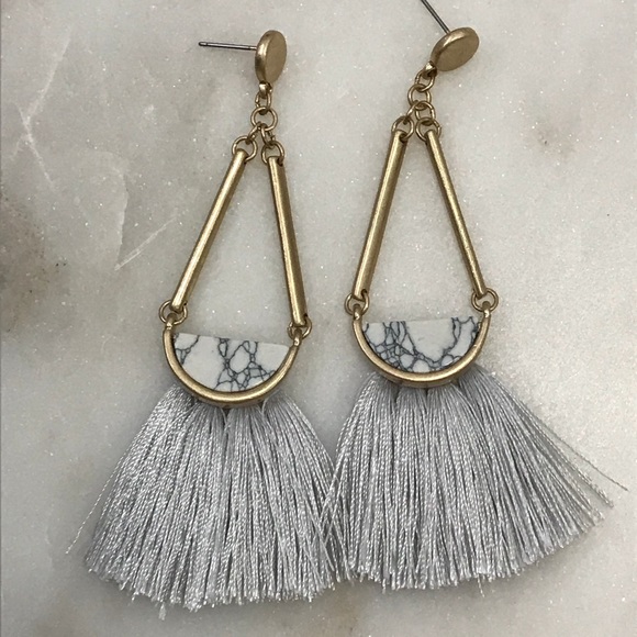 Gray Tassel Marble Stone Statement Earrings - Picture 2 of 4